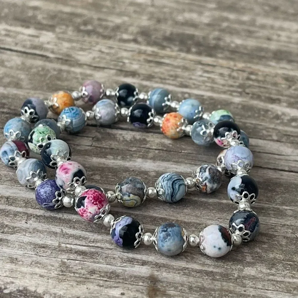 Colorful orca stretch bracelet silver tone black blue pink beads beaded NEW dyed